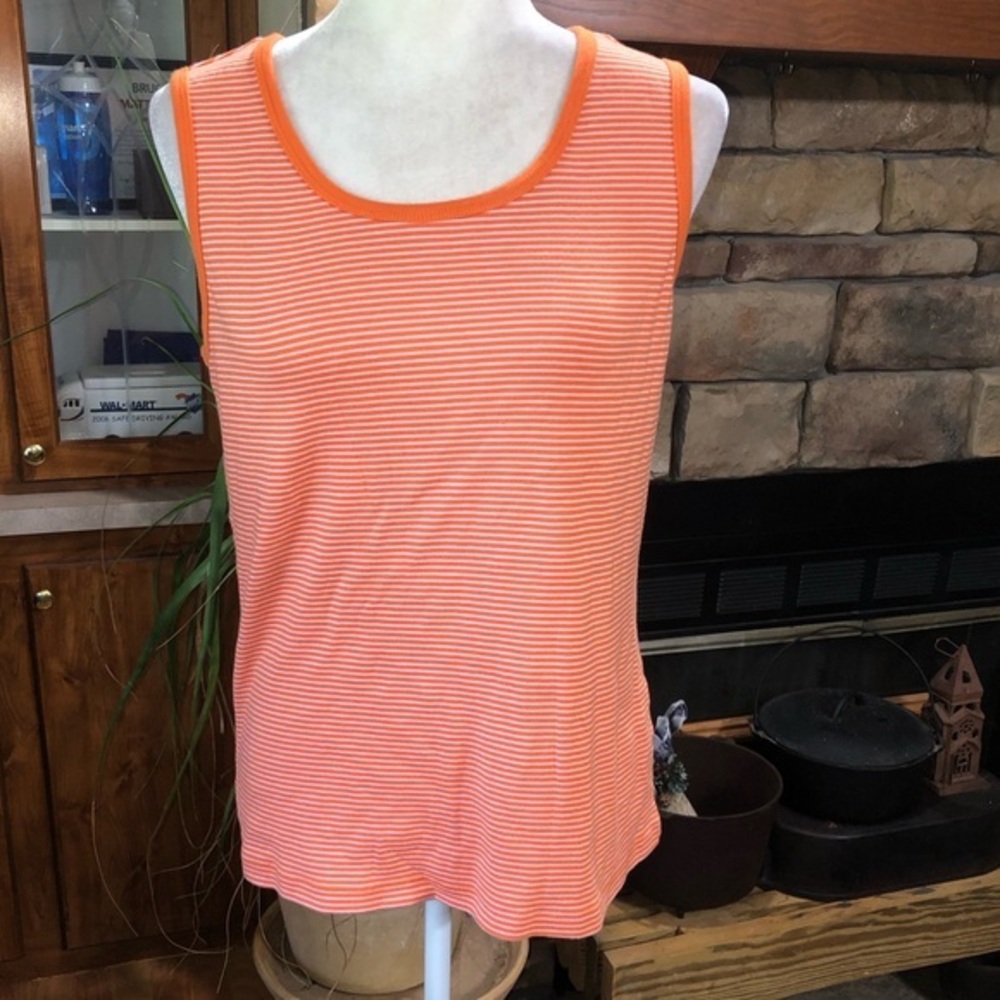 L.L.BEAN SIZE LARGE REG ORANGE AND WHITE STRIPED SLEEVELESS TOP. EUC